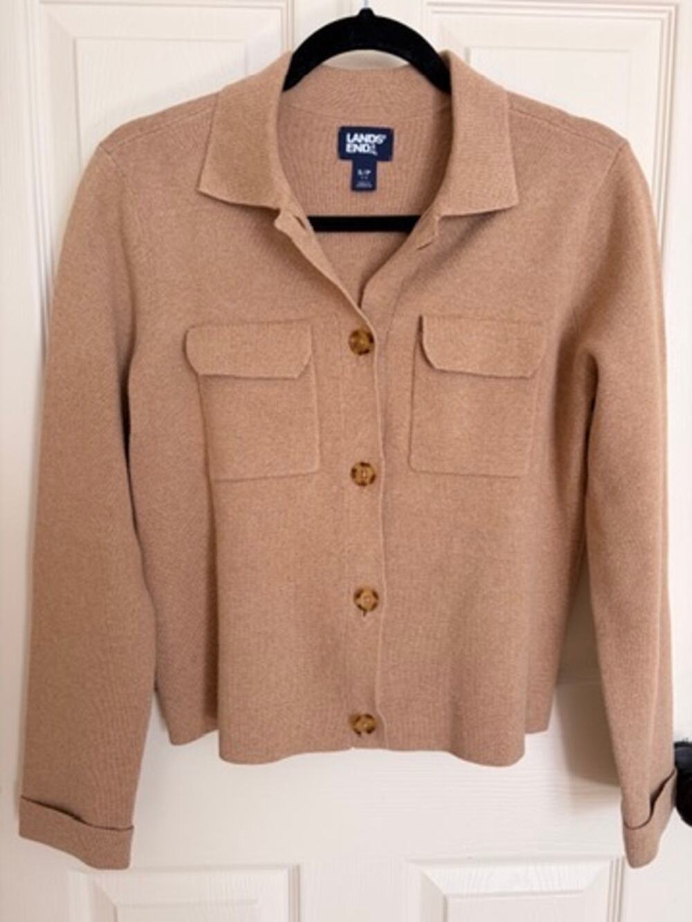 Lands’ End Cotton Knit Button Down Caridan Camel Tan Size S